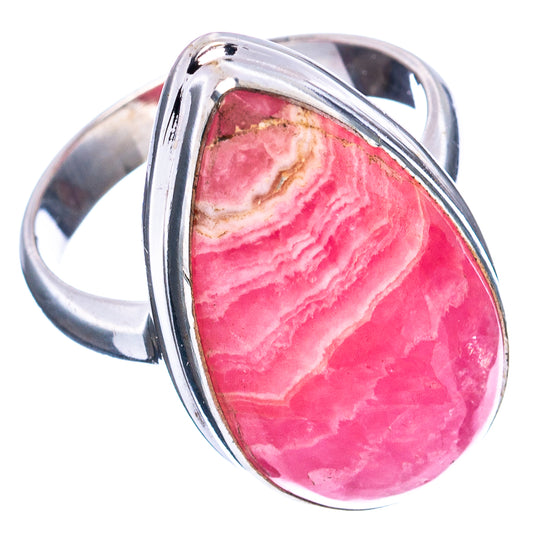 Pink teardrop rhodochrosite cabochon ring with .925 sterling silver band