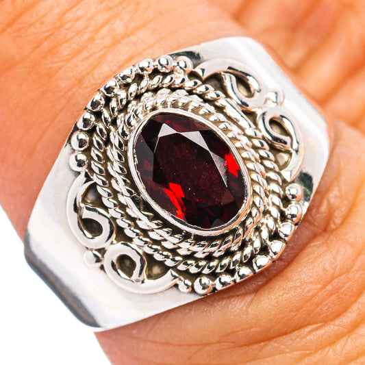 Sterling silver garnet-style oval ring, ornate filigree with red gemstone, size 7