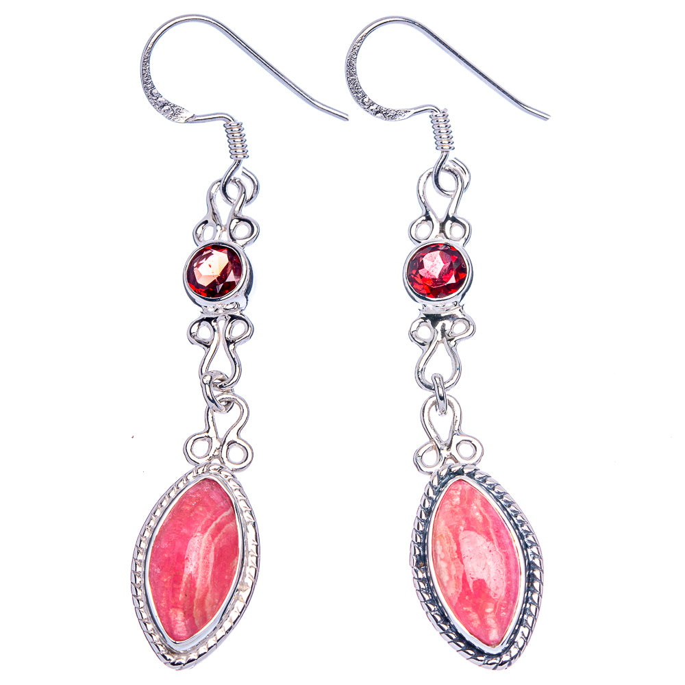 Long silver drop earrings with red round top stones and oval red gemstone pendants