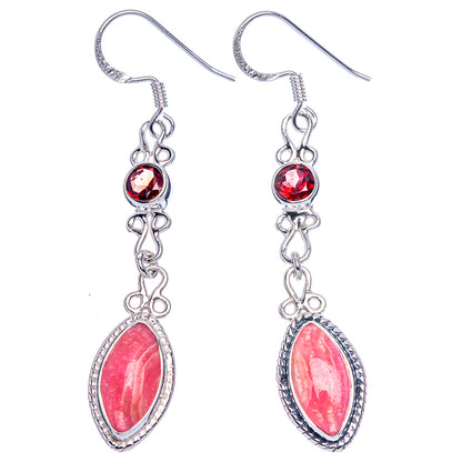 Long silver drop earrings with red round top stones and oval red gemstone pendants