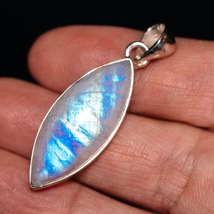 Sterling silver teardrop rainbow moonstone pendant with blue iridescence
