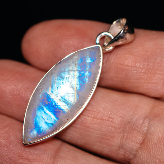 Sterling silver teardrop rainbow moonstone pendant with blue iridescence