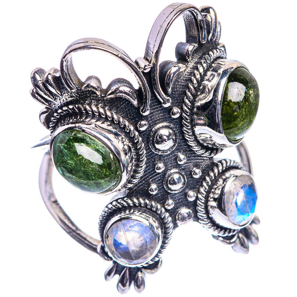 Large Green Tourmaline, Rainbow Moonstone Ring Size 9 (925 Sterling Silver) R144198