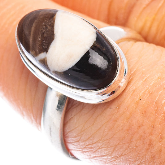 Oval black-brown jasper ring in polished .925 sterling silver setting