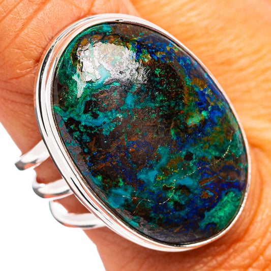 Sterling silver ring with oval blue-green marbled gemstone, size 9.25