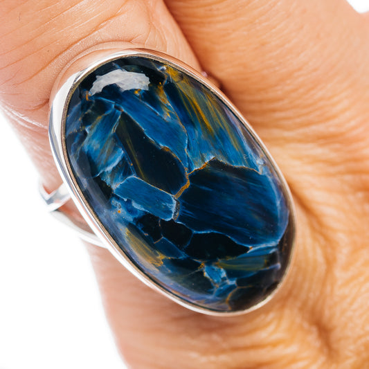 Oval pietersite gemstone ring in .925 sterling silver, blue stone with gold streaks