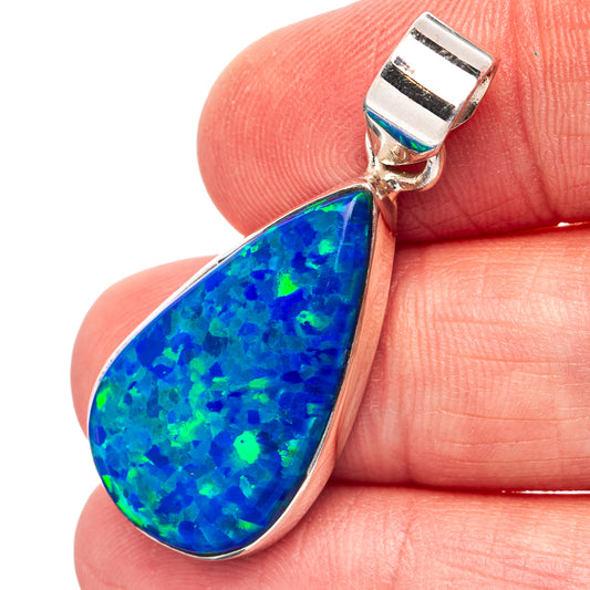 Sterling silver lab opal pendant, teardrop blue-green iridescent stone