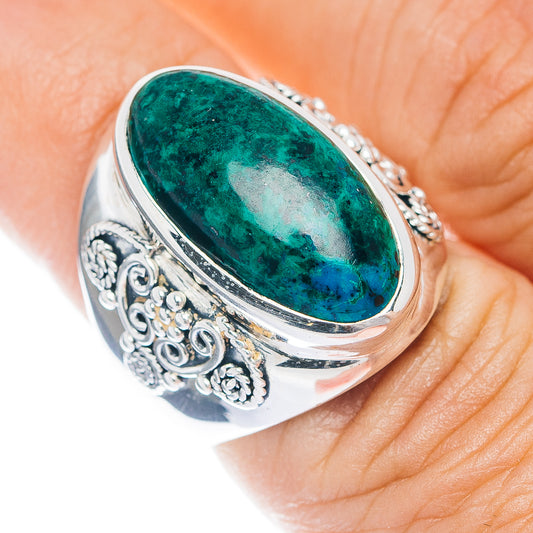 Sterling silver chrysocolla oval ring with ornate filigree, size 7