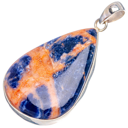 Sodalite teardrop pendant with .925 sterling silver bezel and bail, orange and blue stone