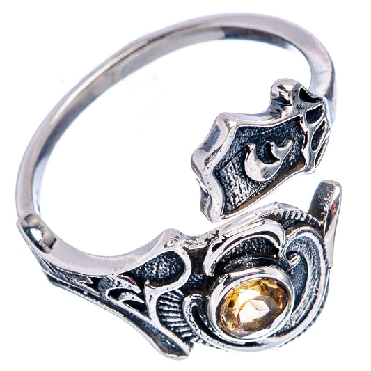 Dainty adjustable sterling silver ring with citrine-yellow round stone and engraved swirl accents
