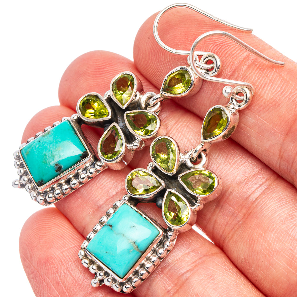 Premium Persian Turquoise, Peridot Earrings 2 1/8" (925 Sterling Silver) E1767