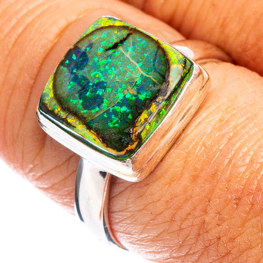 Sterling silver opal ring with square-cut green-blue gemstone, open bezel, size 8