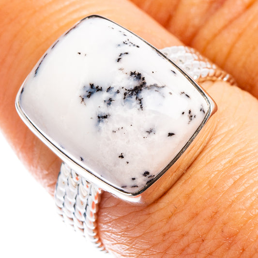 Sterling silver dendritic agate ring on hand, square white stone, size 7.5