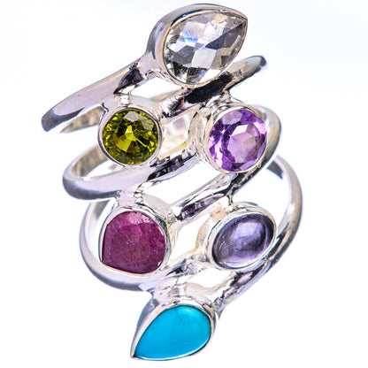 Sleeping Beauty Turquoise, Amethyst, Peridot, Tanzanite, Ruby, White Quartz Ring Size 8 (925 Sterling Silver) R142670