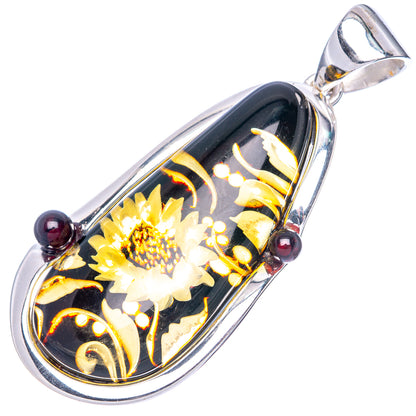 Amber Intaglio Sunflower Pendant 2 1/8" (925 Sterling Silver) P42582