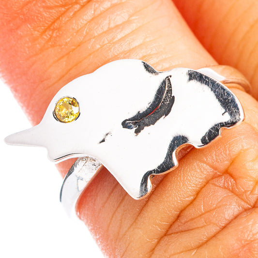 Sterling silver elephant dainty ring with yellow citrine gem, size 6.75