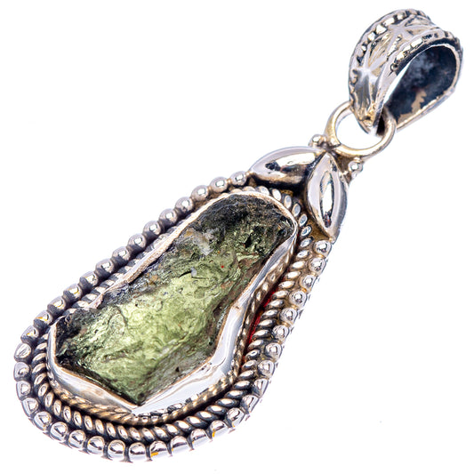 Sterling silver teardrop pendant with green moldavite and textured rope-edge frame