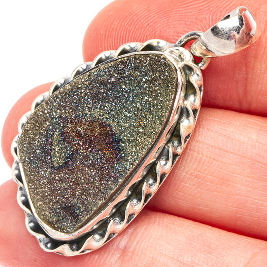 Spectro Pyrite Druzy 925 Sterling Silver Pendant 1 5/8" (925 Sterling Silver) P43656