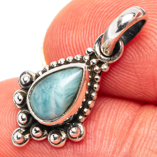 Larimar cabochon pendant in .925 sterling silver, teardrop stone with beaded frame