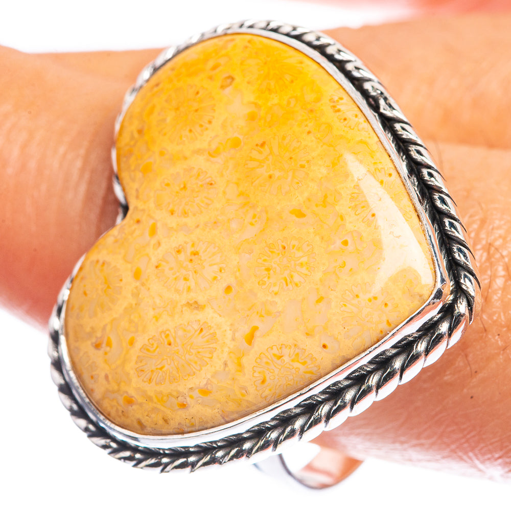 Large Fossil Coral 925 Sterling Silver Ring Size 10.75