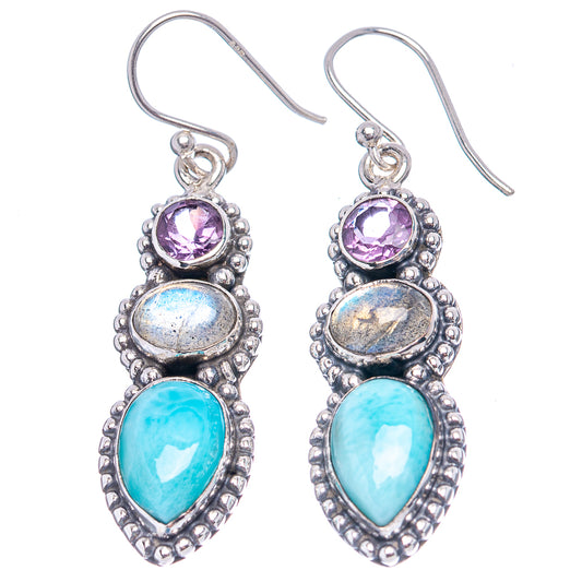 Sterling silver gemstone drop earrings: purple amethyst, iridescent labradorite, blue larimar