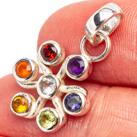 Sterling silver chakra pendant with six round multicolored gemstones and top loop bail