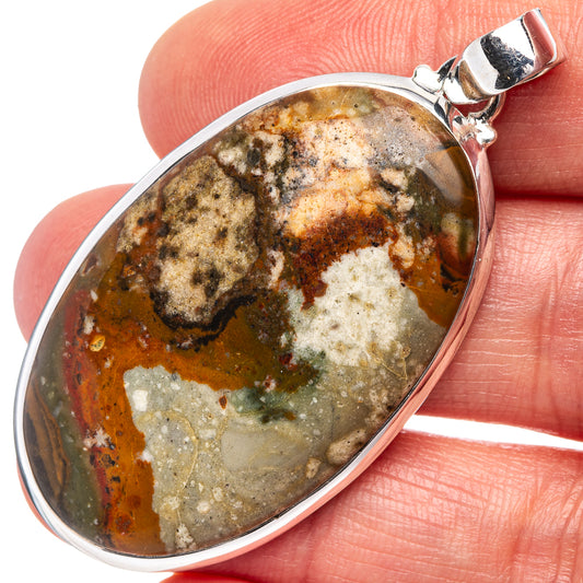 Oval jasper pendant with .925 sterling silver bezel and bail, speckled earth tones