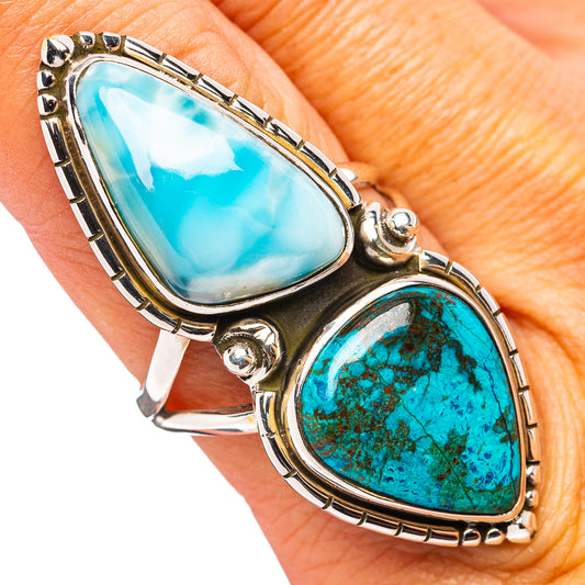 Sterling silver ring with oval larimar and shattuckite cabochons, size 9