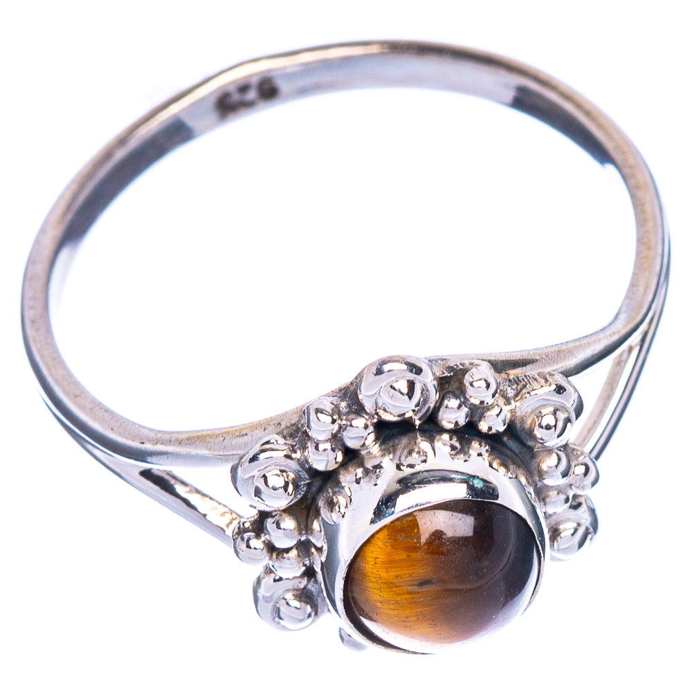 925 sterling silver dainty flower ring, tiger eye cabochon in openwork setting