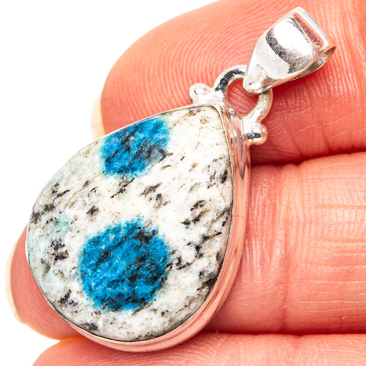 Sterling silver teardrop azurite pendant with blue and white mineral stone; bail loop