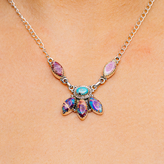 Sterling silver necklace with oval purple and blue gemstone flower pendant, rolo chain