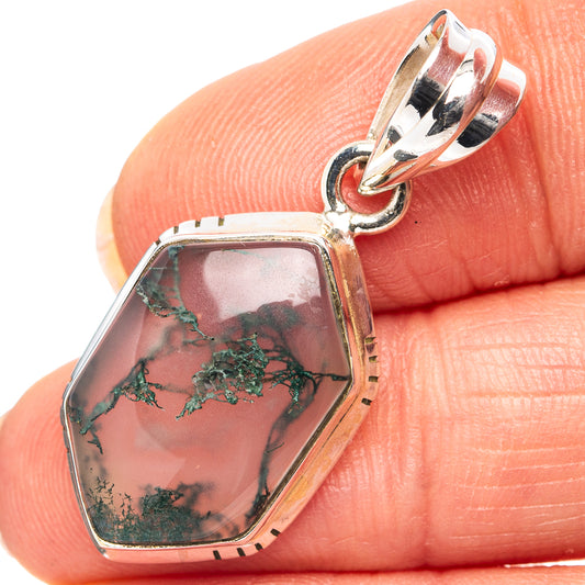 Sterling silver moss agate pendant with green tree-like inclusions and hinged bail
