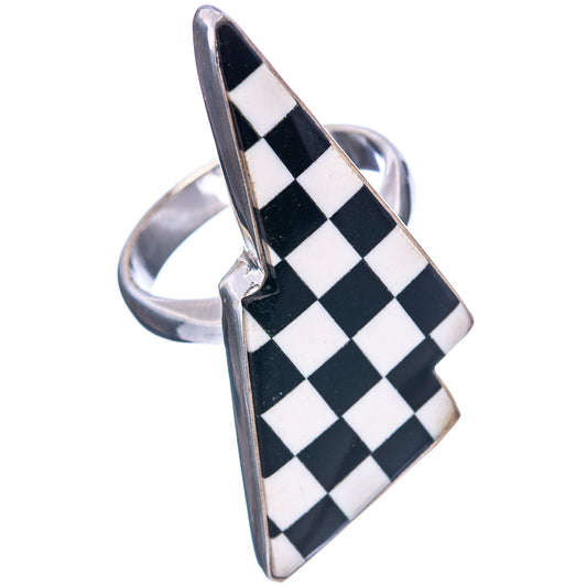 Sterling silver bolt ring with black-and-white checkered onyx-style panel, side view