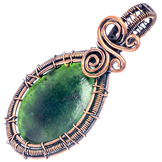 Oxidized copper wire-wrapped teardrop pendant with green stone and double spiral bail