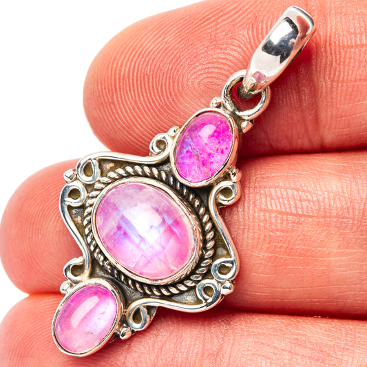 Pink moonstone pendant in .925 sterling silver, oval pink stones in ornate setting