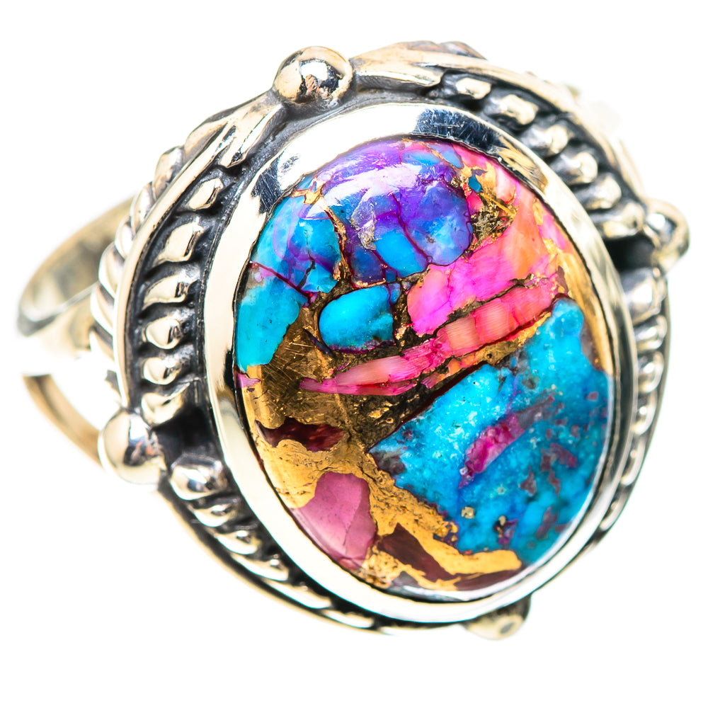 Oval bezel sterling silver ring with colorful pink-blue turquoise stone and carved setting