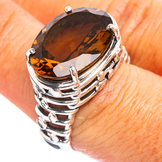 Size 8 sterling silver ring with large faceted dark amber oval gemstone bezel setting