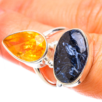 Sterling silver ring with yellow citrine and dark blue pietersite oval stones