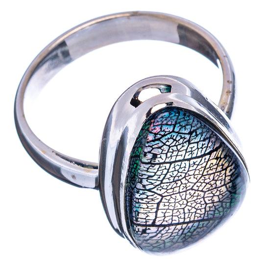 Sterling silver ring with oval iridescent opal cabochon in blue-green tones