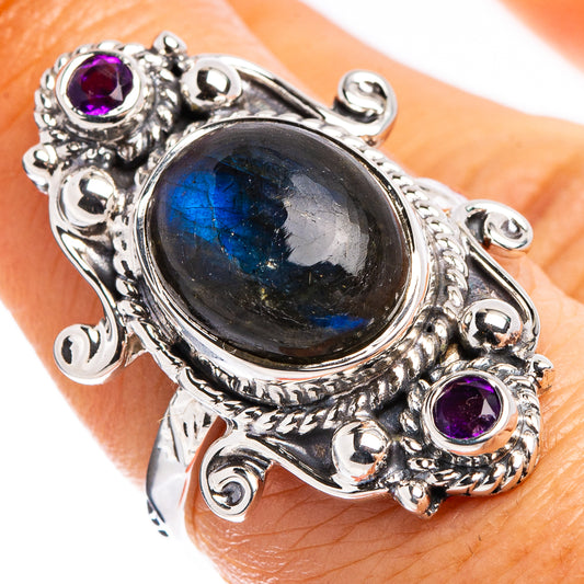 Sterling silver statement ring with oval labradorite and three amethyst accents