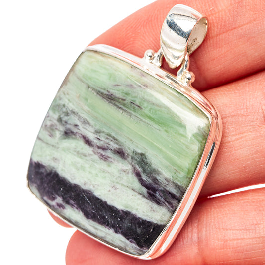 Square sterling silver pendant with green and purple stone, bezel setting and bail