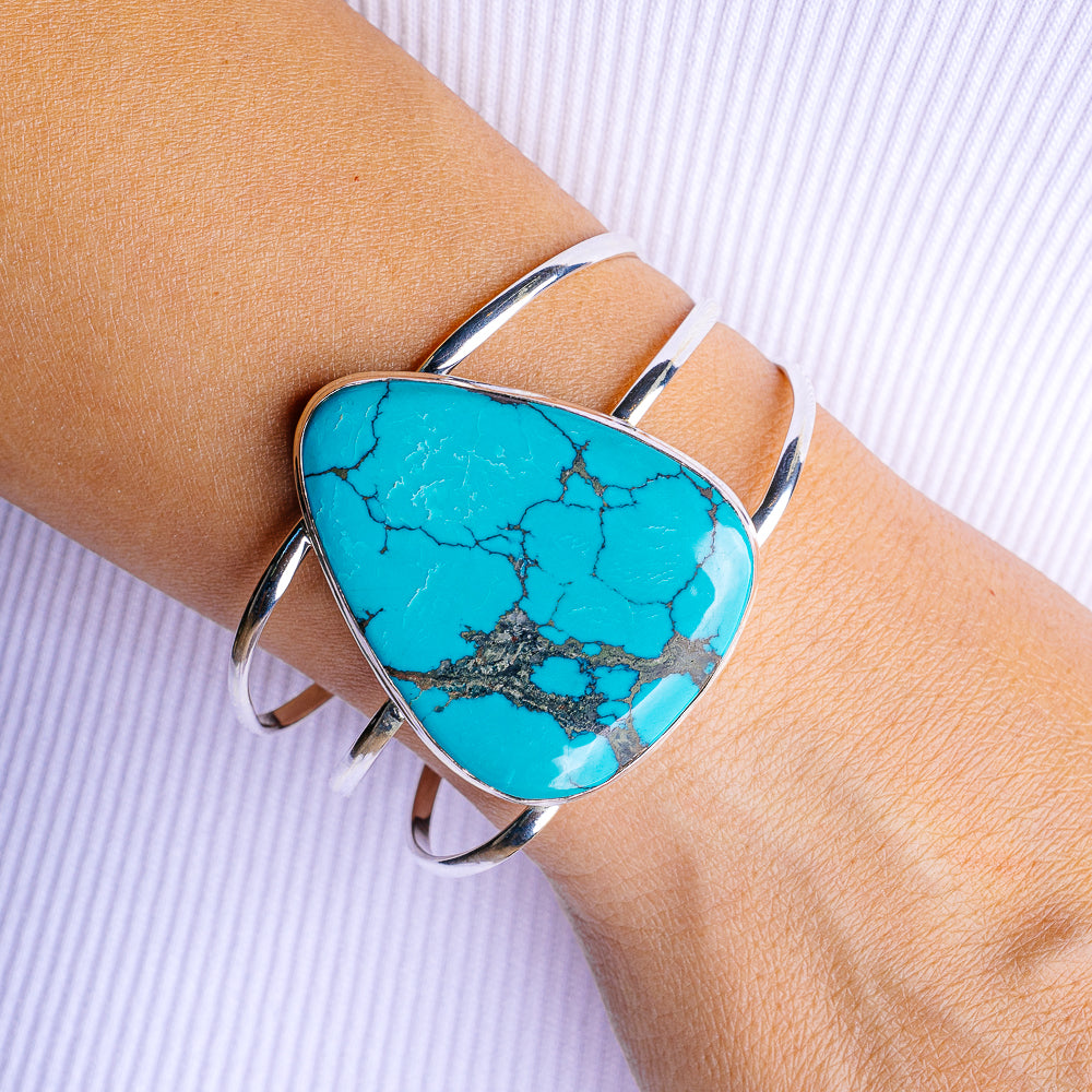 Rare Tibetan Turquoise Cuff Bracelet Adjustable (.925 Sterling Silver)