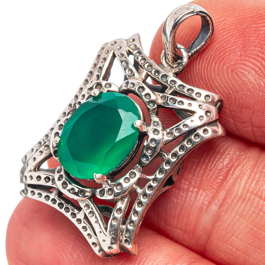 Sterling silver green onyx pendant close-up with bail and faceted oval stone