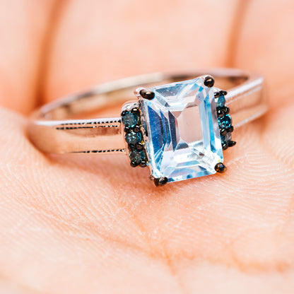 Blue Topaz, Blue Diamond Ring Size 7.5 (.925 Sterling Silver)