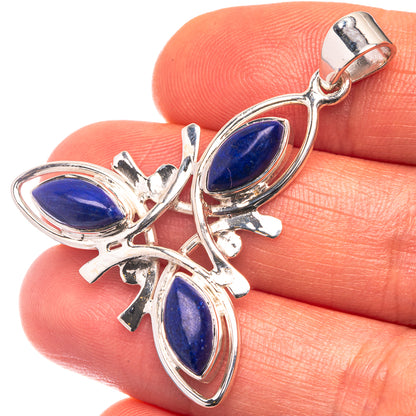 925 sterling silver lapis lazuli pendant, three blue teardrop stones with leaf accents