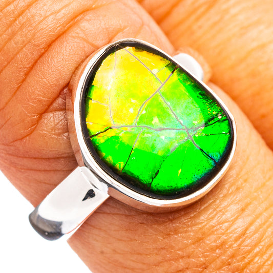 Oval ammolite gemstone ring in sterling silver, green/yellow, size 8