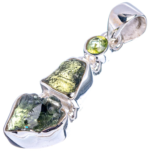Peridot and moldavite pendant in .925 sterling silver with green bead and dark rough stones.