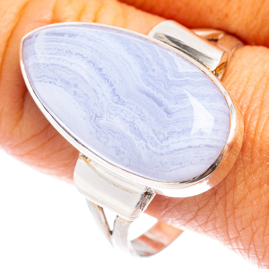 Size 13 sterling silver ring with oval blue lace agate gemstone, open split shank