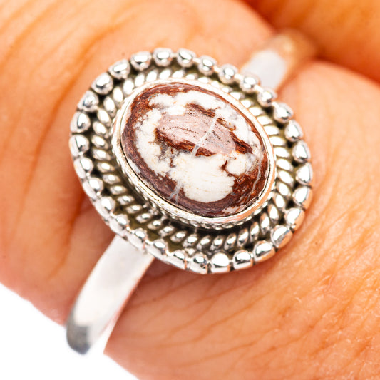 Sterling silver oval jasper ring with bead rope border and marbled brown-and-white stone