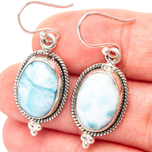 Sterling silver Larimar oval cabochon drop earrings with ornate rope bezel